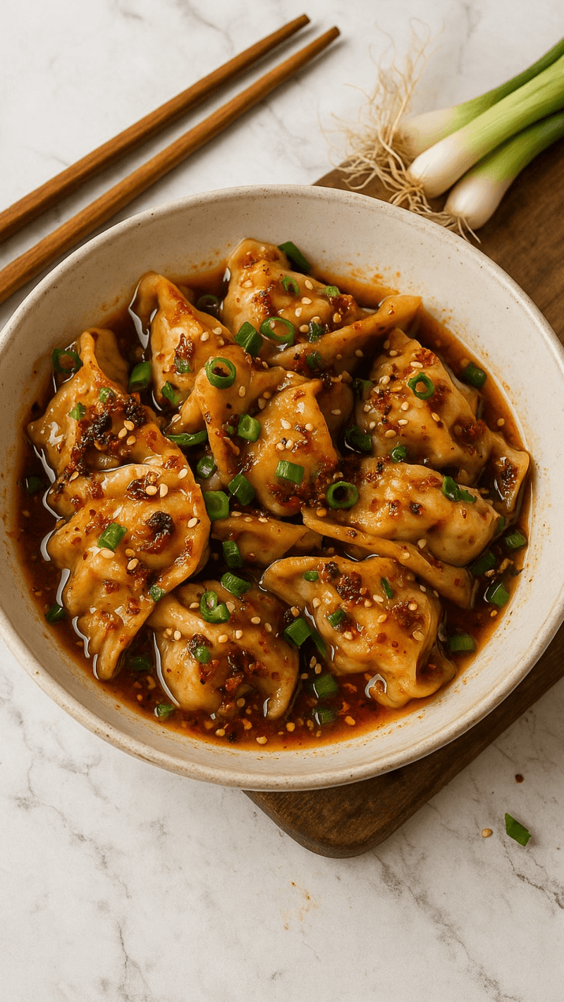 매콤한 마늘 칠리 오일을 곁들인 바삭한 만두 Thumbnail