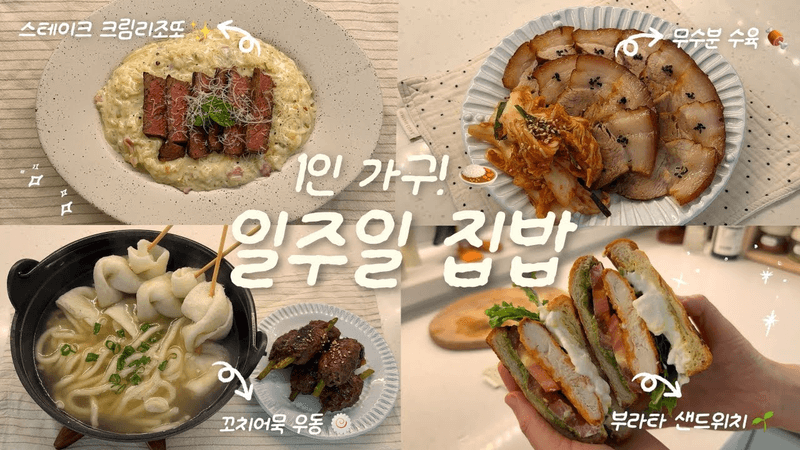배달디톡스☁️✨1인 가구의 집밥 브이로그🍙ㅣ스테이크 크림리조또🌱ㅣ무수분 수육🍖ㅣ꼬치어묵우동🍢ㅣ부라타 샌드위치🥪 Thumbnail