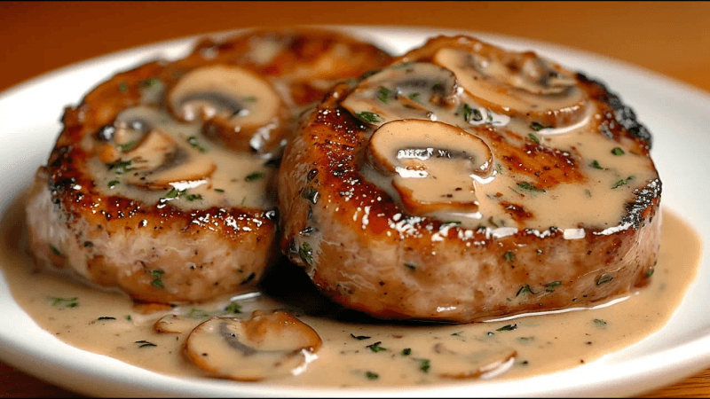 Pork Steaks in a Creamy Garlic Sauce with Mushrooms and Fresh Salad Thumbnail